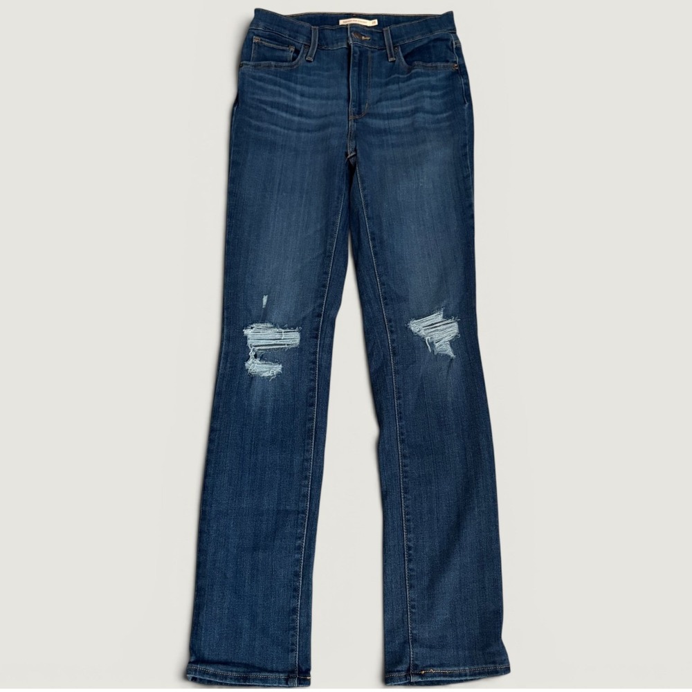 Levi's 724 High Rise Straight Distressed Blue Jeans Womens 28 Ripped Knee Denim